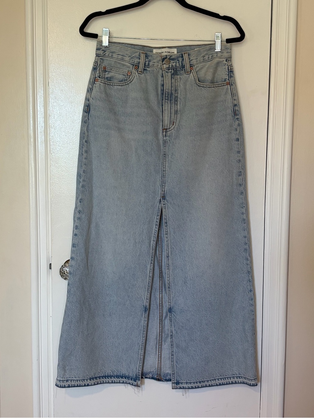 Denim Forum Light Blue High-Rise Maxi Jean Skirt with Front Slit